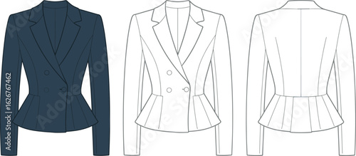 Women’s peplum blazer technical flat sketch, double-breasted front and back view jacket, cad drawing flat vector illustration