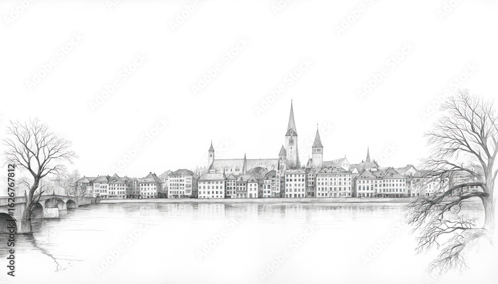 Fototapeta premium Minimalist pencil illustration of Zurichs Old Town cityscape with Limmat river and a stone bridge. Historic buildings, churches, river bank, bare trees create peaceful tranquil scenery.
