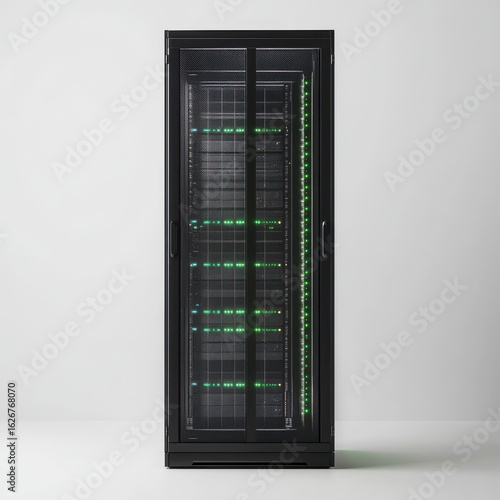 Modern server rack with glowing green lights in a data center, representing technology and network infrastructure