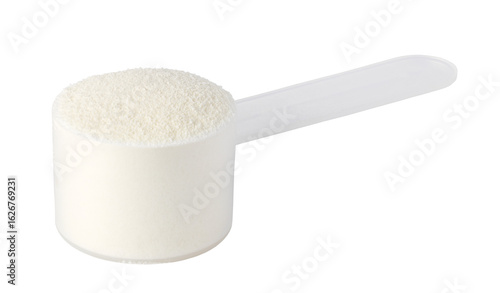 Obraz na plátně Plastic scoop overflowing with protein powder on transparent background