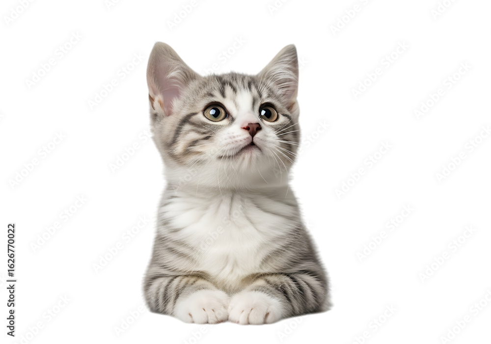 Obraz premium Illustration of cute grey tabby kitten looking up, isolated on transparent background