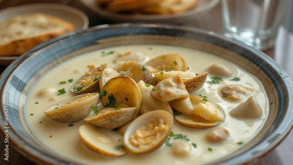 Creamy New England clam chowder being ladled into a bread bowl. Creamy New England clam chowder being ladled into a bread bowl.