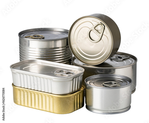 Group of preserved food cans on transparent background