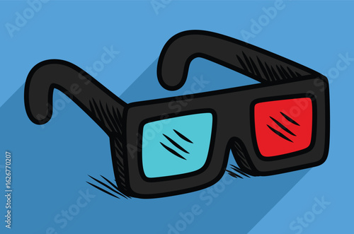 3D Glasses with Red and Blue Lenses vector illustration art with blue background