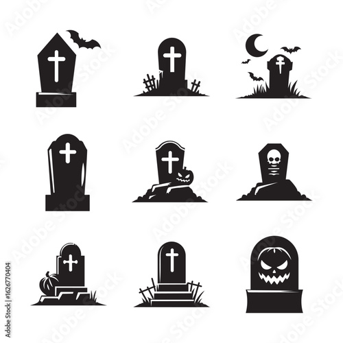 Haunted graveyard icon set. Collection of spooky tombstone silhouettes for Halloween themes.