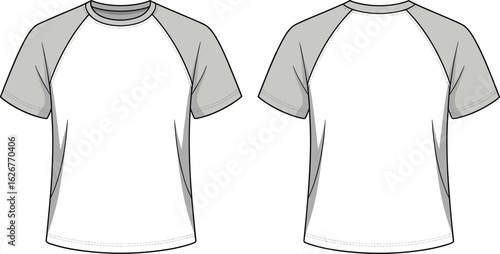 CAD drawing, flat vector illustration, raglan t-shirt sketch, short sleeve top, front and back view, fashion template, apparel design, technical garment, round neckline, c