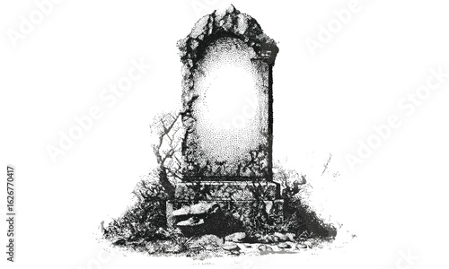Surreal vintage gravestone collage with dotted halftone effect. Psychedelic retro horror poster design for Halloween featuring grunge texture, spooky zombies, gothic skulls
