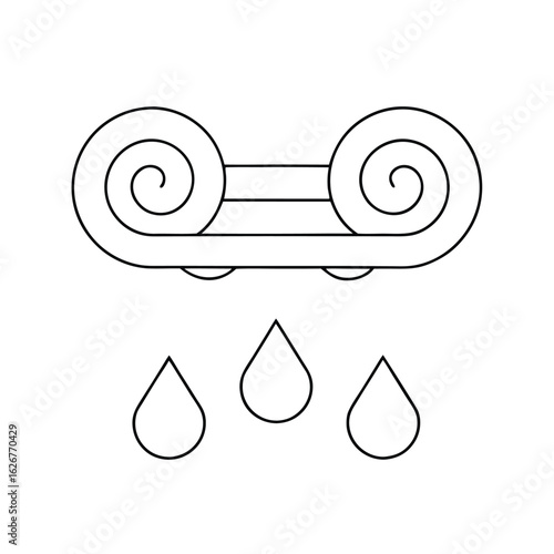 Outline of a stylized Ionic column capital with three falling water droplets below on a white background