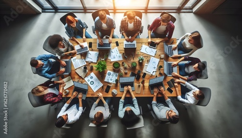 Group of people sitting around a large round table with documents and laptops in a modern office meeting.