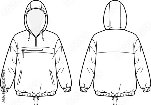 Hooded pullover sketch, half-zip closure, zippered chest pocket, side pockets, elastic cuffs, drawstring hem, fashion CAD, vector illustrationHooded pullover pered chest pocket, side p