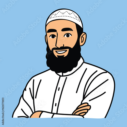 Muslim man portrait with Smiling and beard wearing a white kulfi and shirt vector illustration art with blue background