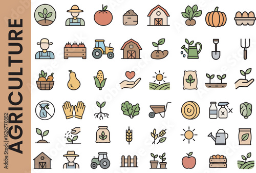 Agriculture and Organic Farming Colored Outline Icon Set