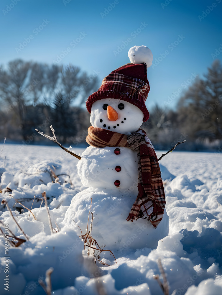 Obraz premium Snowman with Polka Dot Scarf in Bright Snow