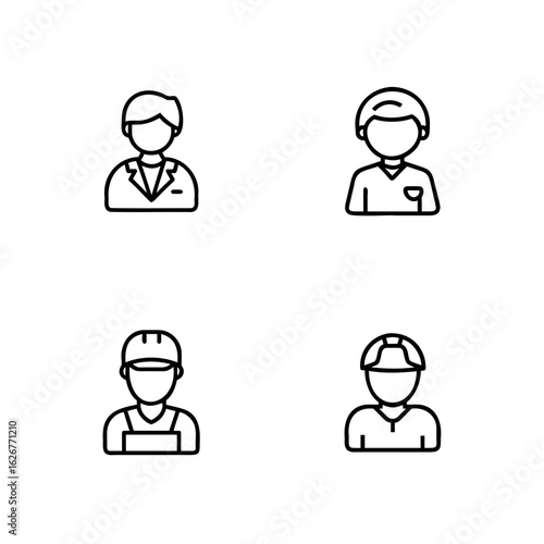 Four simple line art icons representing different professions uniforms person woman