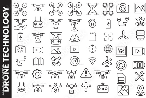 Drone Technology, Quadcopter, and Aerial Photography Line Icon Set
