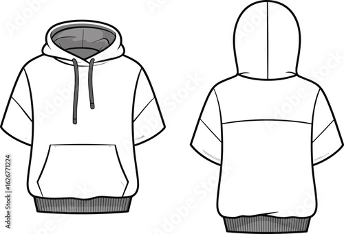 Short-sleeve hoodie sketch, drawstring hood, front pocket, ribbed hem, back yoke seam, fashion CAD, vector illustration, garment template