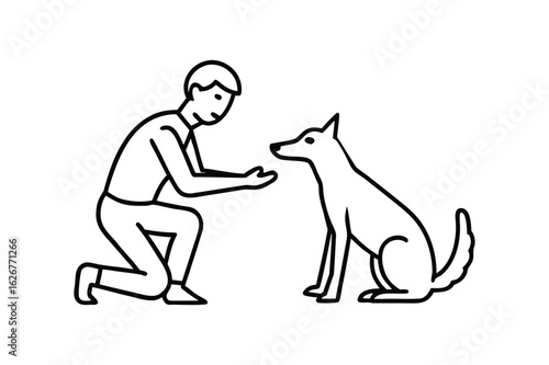 Minimalist Line Art Depicting a Person Training a Dog Skillfully and Patiently in a White Background Style Illustration