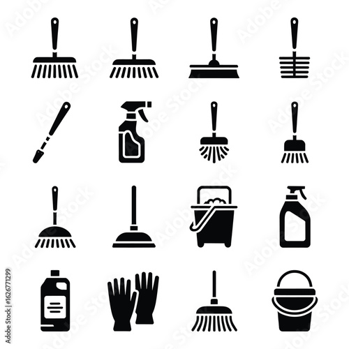 Cleaning Supplies Icons Vector Set Featuring Brooms Sprayers Gloves and Buckets for Home and Professional Cleaning Services