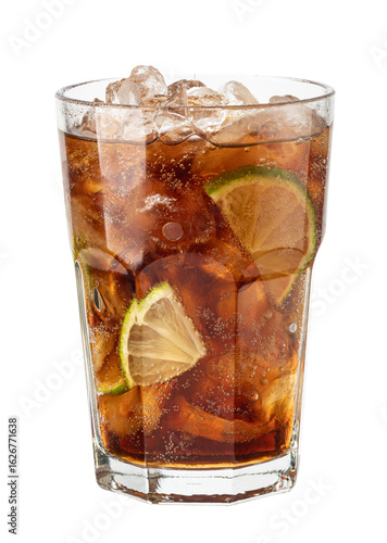 Photography Cuba libre cocktail with lime wedges and ice cubes on transparent background