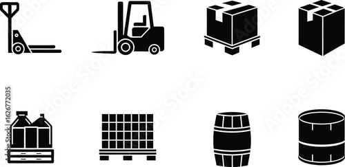 Logistics Warehouse Storage and Delivery Icons Set Black Silhouette Vector Illustration on Transparent Background.
