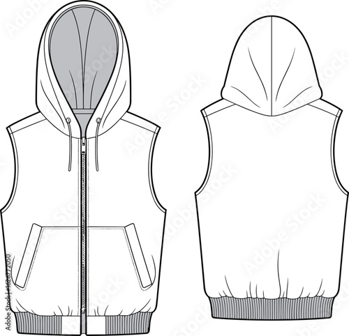 Sleeveless hoodie technical sketch, front and back view, zipper closure, fashion flat, CAD drawing, apparel template, vector illustration