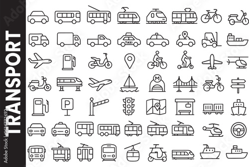 Public and Private Transportation Vehicles Line Icon Set