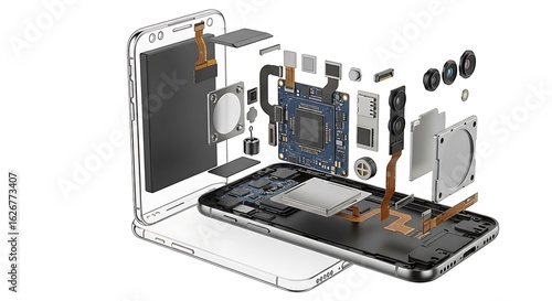 Exploded view illustration of smartphone components showcasing internal structure and electronic engineering design highlighting technology and innovation