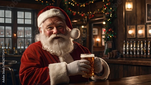 Santa Claus with beer in his hand is toasting in the pub looking at the camera