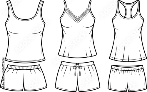 Women’s sleepwear sketch, camisole, lace detail, tank top, racerback, drawstring shorts, elastic waistband, fashion CAD, vector illustration, apparel design