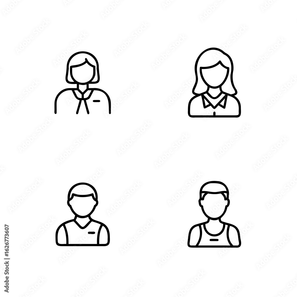 Four simple outline icons people in different outfits person Four simple outline icons people in different outfits person