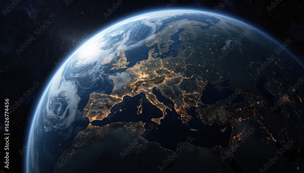 Obraz premium View of Earth from space shows Europe illuminated by city lights at night. Clouds swirl over continents. Planet seen from orbit displays global network connections. Represents astronomy, travel,