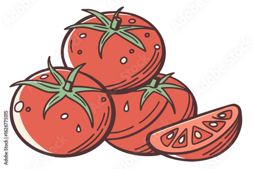 Fresh ripe tomatoes sit stacked together with droplets of water, ready for cooking or snacking, vibrant and tasty, modern flat illustration style.