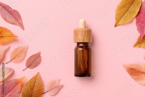 Wallpaper Mural Amber dropper bottle surrounded by autumn leaves on pink background Torontodigital.ca