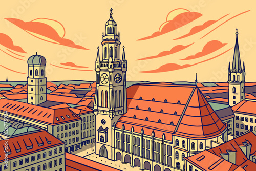 Glimpse Munich at sunrise with colorful rooftops and aerial views of Marienplatz church, city center, and glowing sky, modern flat illustration style.