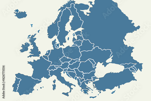 Geographic map of Europe shows clear country borders and topography, ideal for reference or thematic infographics, modern flat illustration style.