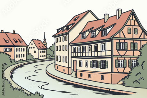 Follow the gentle Regnitz River as it weaves through the half-timbered homes of Bamberg’s historic district in Bavaria, modern flat illustration style.