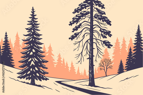 Frozen trees catch golden sunset light in Lapland’s Saariselkä, creating a panoramic winter scene filled with arctic magic, modern flat illustration style.