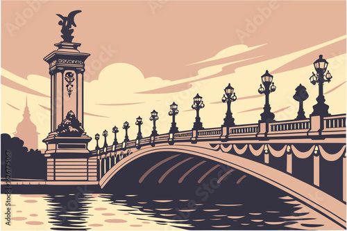 Golden hour at Pont Alexandre III in Paris brings reflections of its ornate sculptures and the Seine’s rippling water, modern flat illustration style.