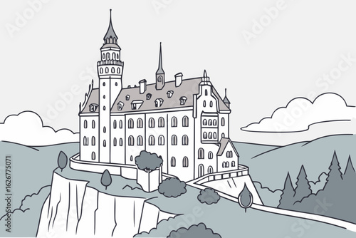 Glance at the stunning Sigmaringen Castle atop cliffs, rising proudly over the surrounding townscape in southern Germany, modern flat illustration style.