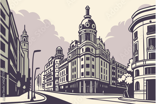 Alcala Street merges with Gran Via in Madrid’s cityscape, where stately buildings meet the buzz of modern city life at dusk, modern flat illustration style.
