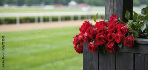 Fototapeta Naklejka Na Ścianę i Meble -  Fresh red roses adorn a dark wooden fence at a garden party. A faint view of a horse racing track is visible in the distance, symbolizing victory and celebration at Churchill Downs.