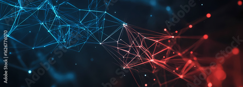 Dynamic digital network illustration showcasing intricate data connections and complex technological pathways, merging blue and red energetic forms