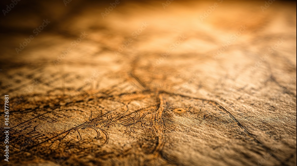 Fototapeta premium Vintage Fantasy Map on Tea-Stained Parchment Flat Lay with Hand-Drawn Details and Warm Sepia Aesthetic