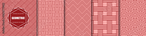 Collection of vector seamless geometric ornament patterns. Bright striped red abstract repeatable backgrounds. Minimalistic creative unusual prints with endless lines