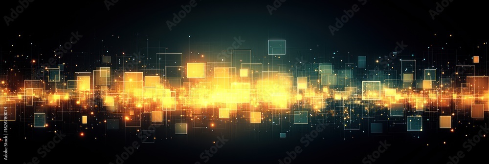 Obraz premium Dynamic bursts of golden light and colorful squares create an electrifying atmosphere