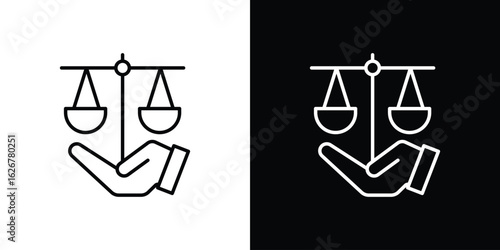 Justice scales in Hand icon, outline vector sign, logo design download
