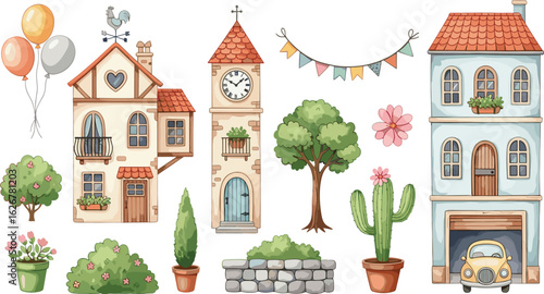Set with cute houses, clock tower, tree, plants and decoration design elements, watercolor isolated illustration. Children colorful collection