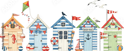 Summer panoramic banner, card, print with beach huts, seagulls and design elements, symbols hobbies and leisure on coast sea, ocean or lake.