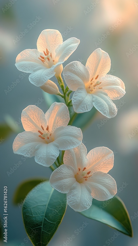 Fototapeta premium A cluster of soft white flowers bathed in warm light in a tranquil garden