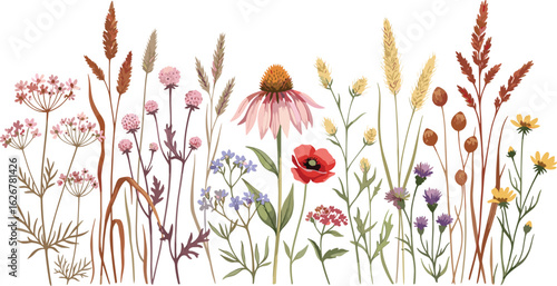 Watercolor floral seamless pattern with colorful wildflowers, plants and grass. Panoramic horizontal border, isolated illustration.